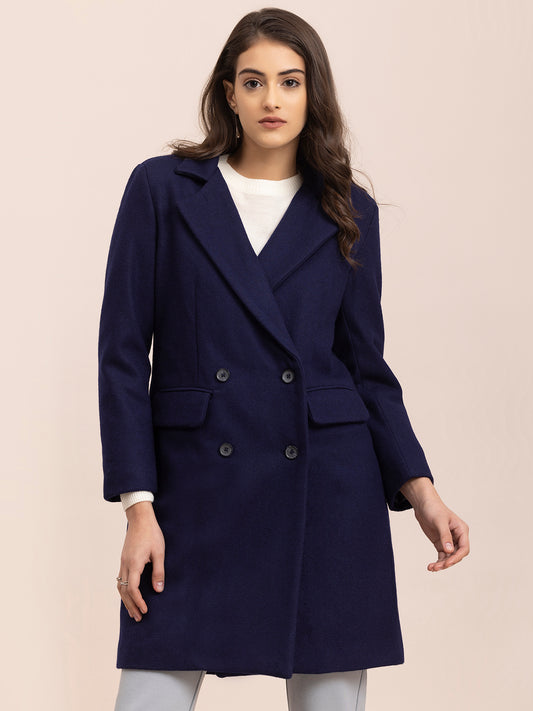 Wool Blend Double Breasted Coat - Navy Blue