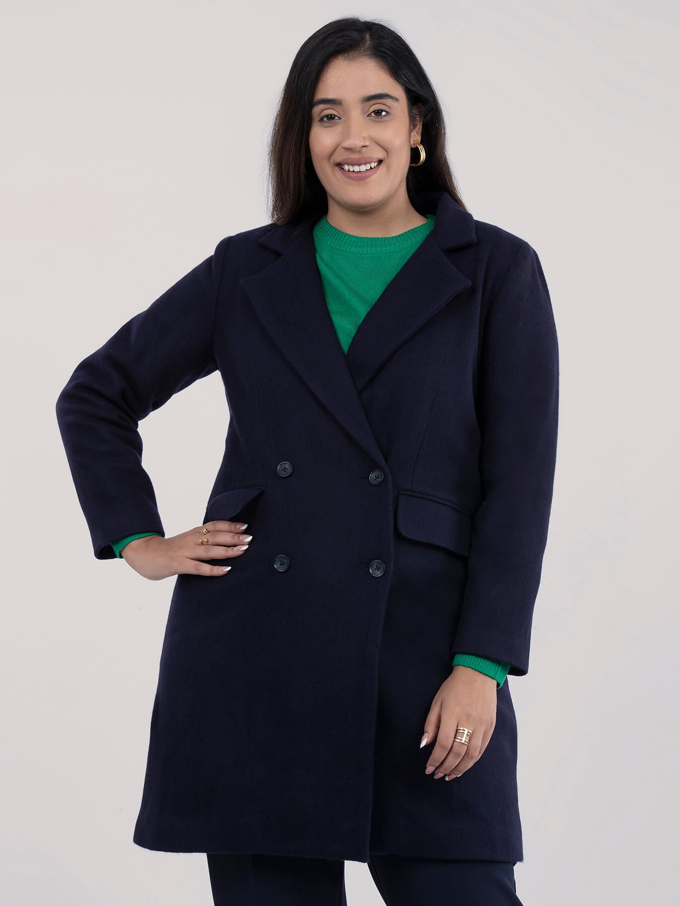 Wool Blend Double Breasted Coat - Navy Blue