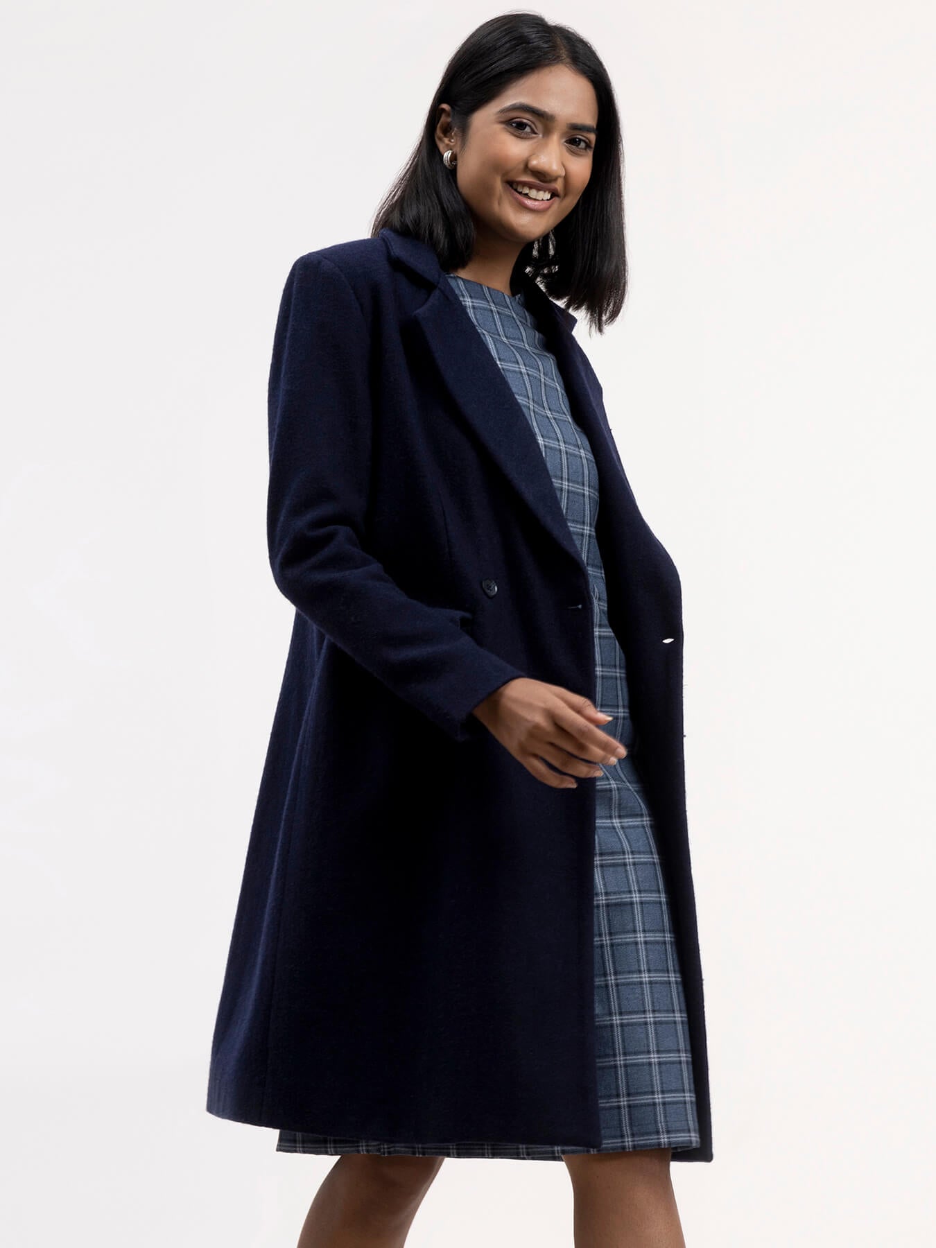 Wool Blend Double Breasted Coat - Navy Blue
