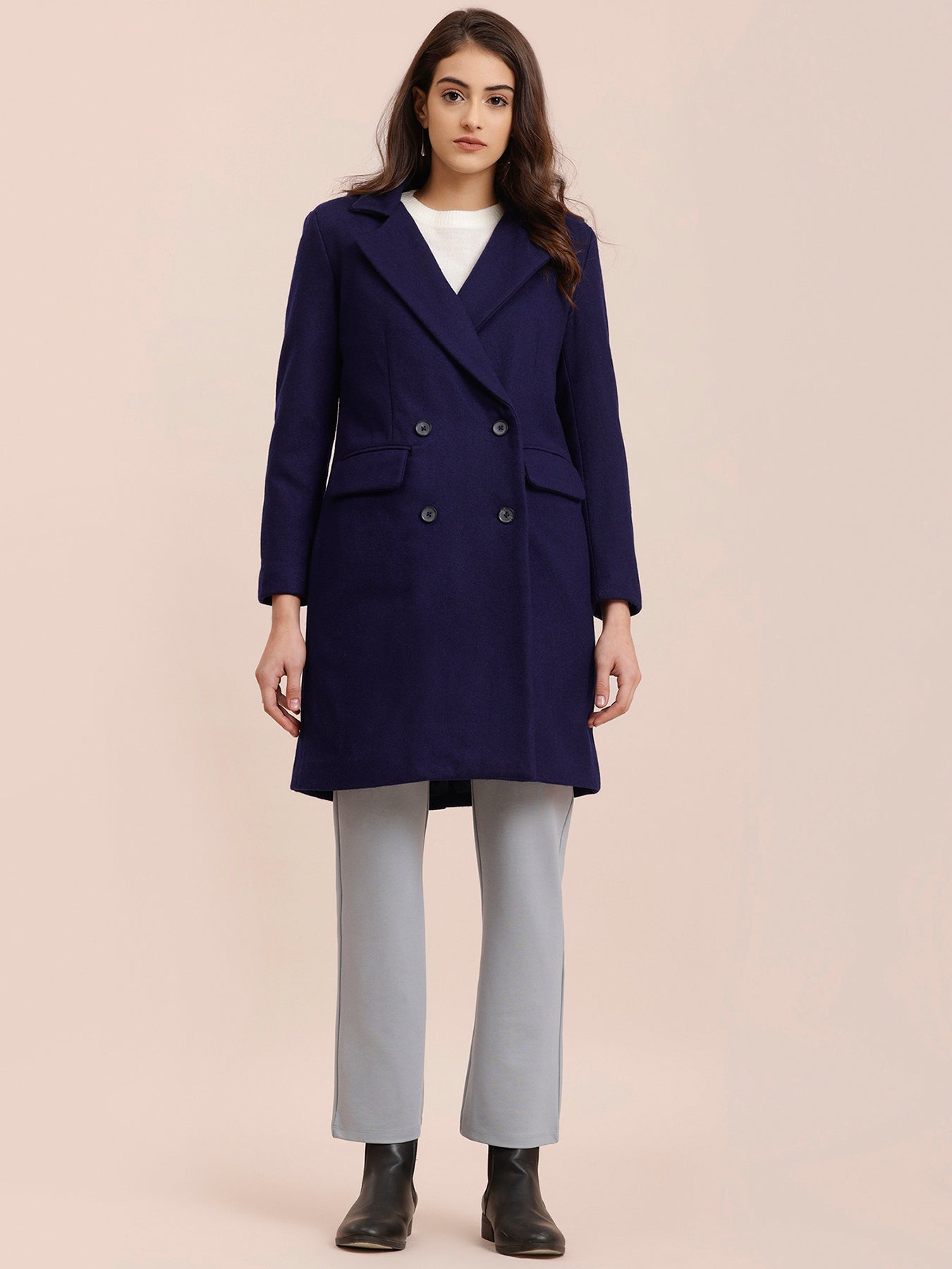 Wool Blend Double Breasted Coat - Navy Blue