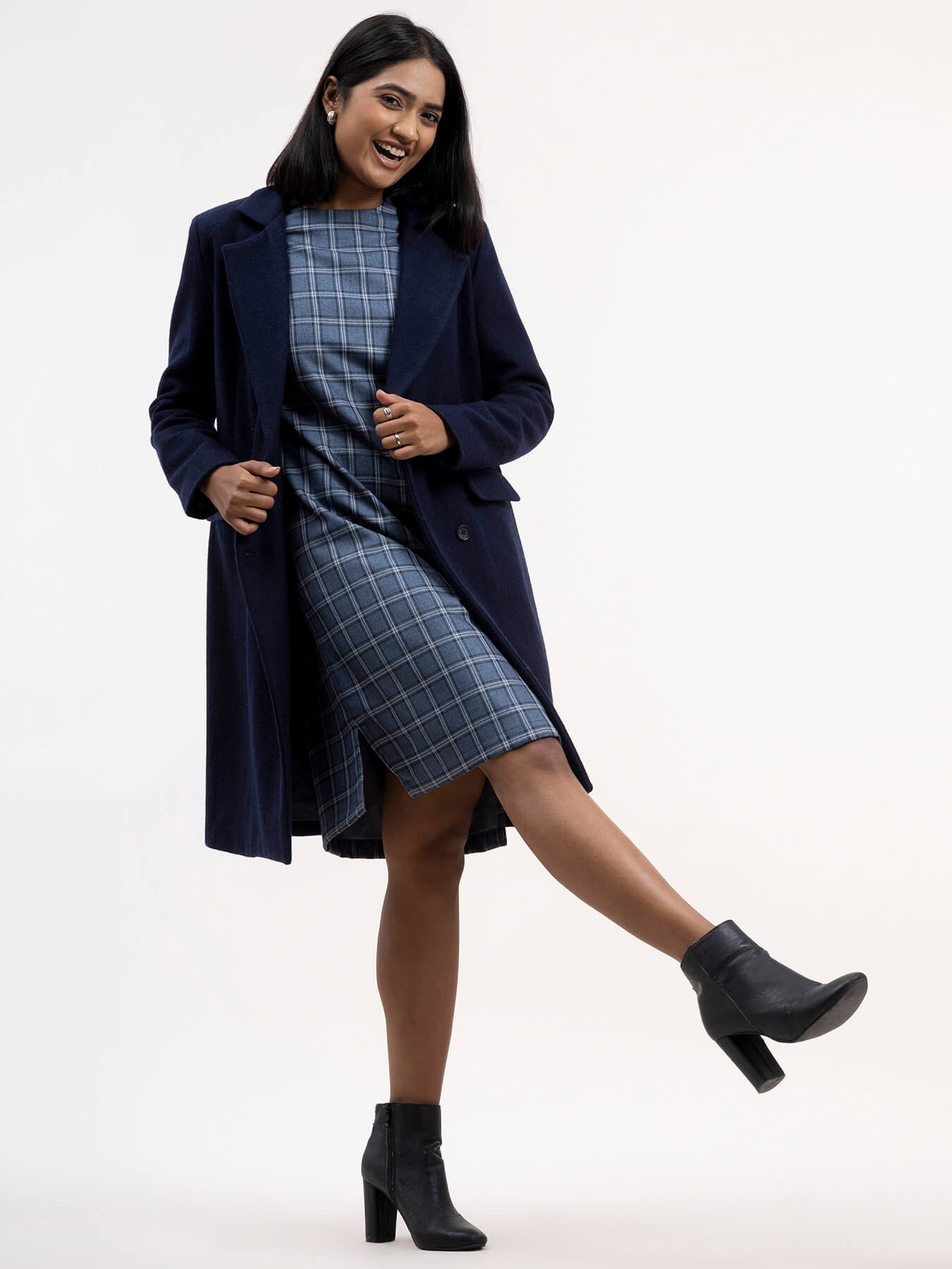 Wool Blend Double Breasted Coat - Navy Blue