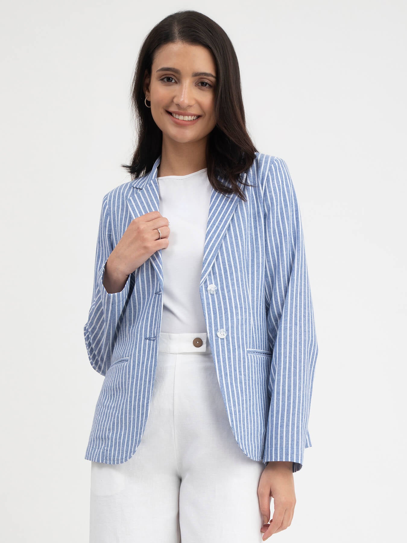 Linen Single Breasted Blazer - Blue