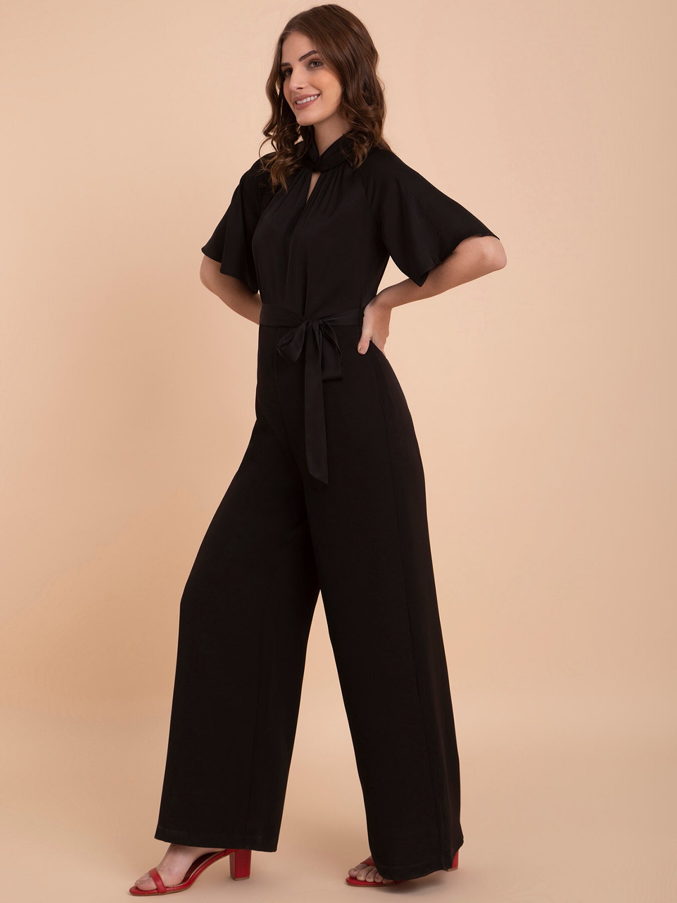 Wide Legged Bell Sleeves Jumpsuit - Black