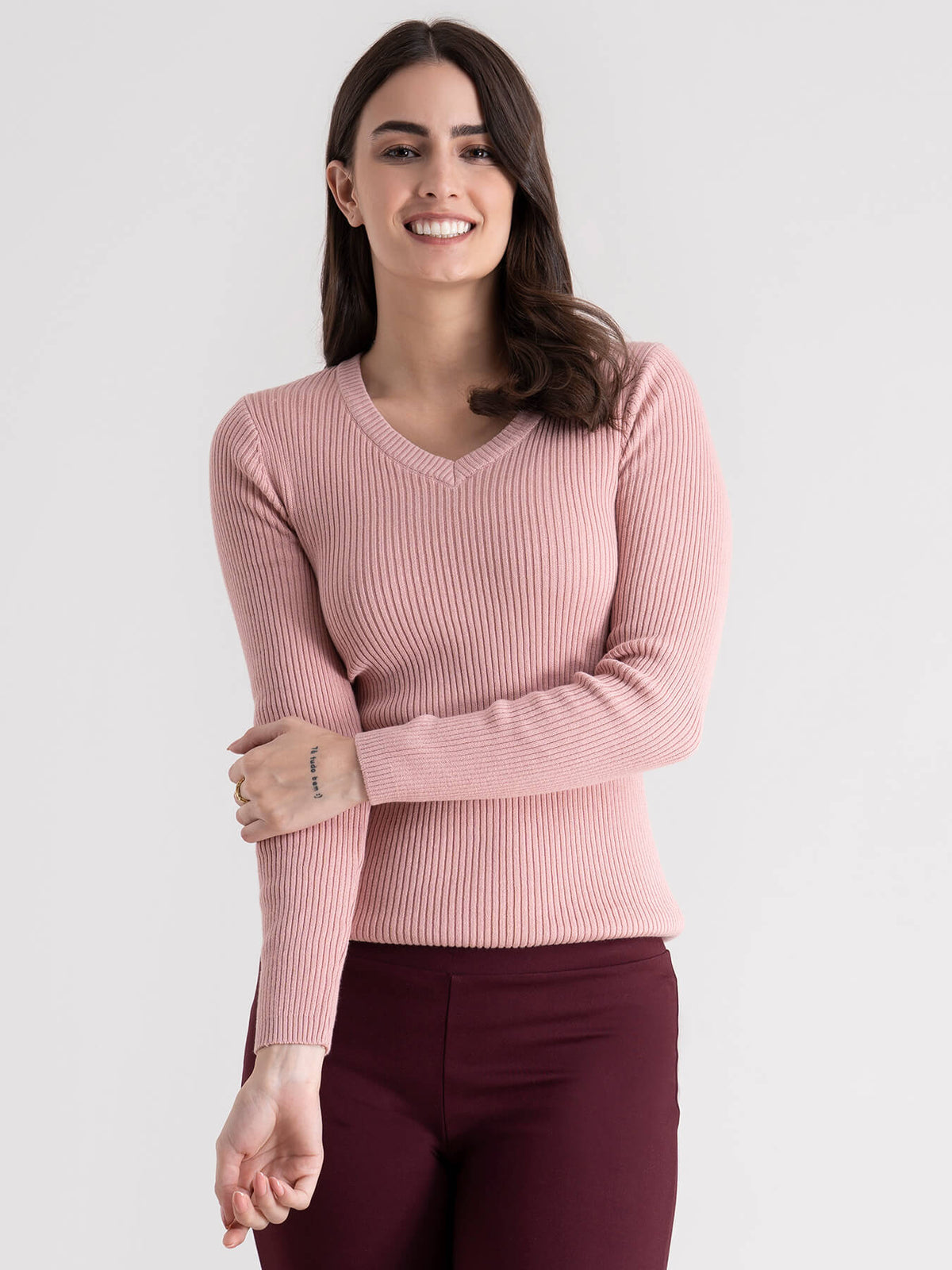 V-Neck Rib Sweater - Pink