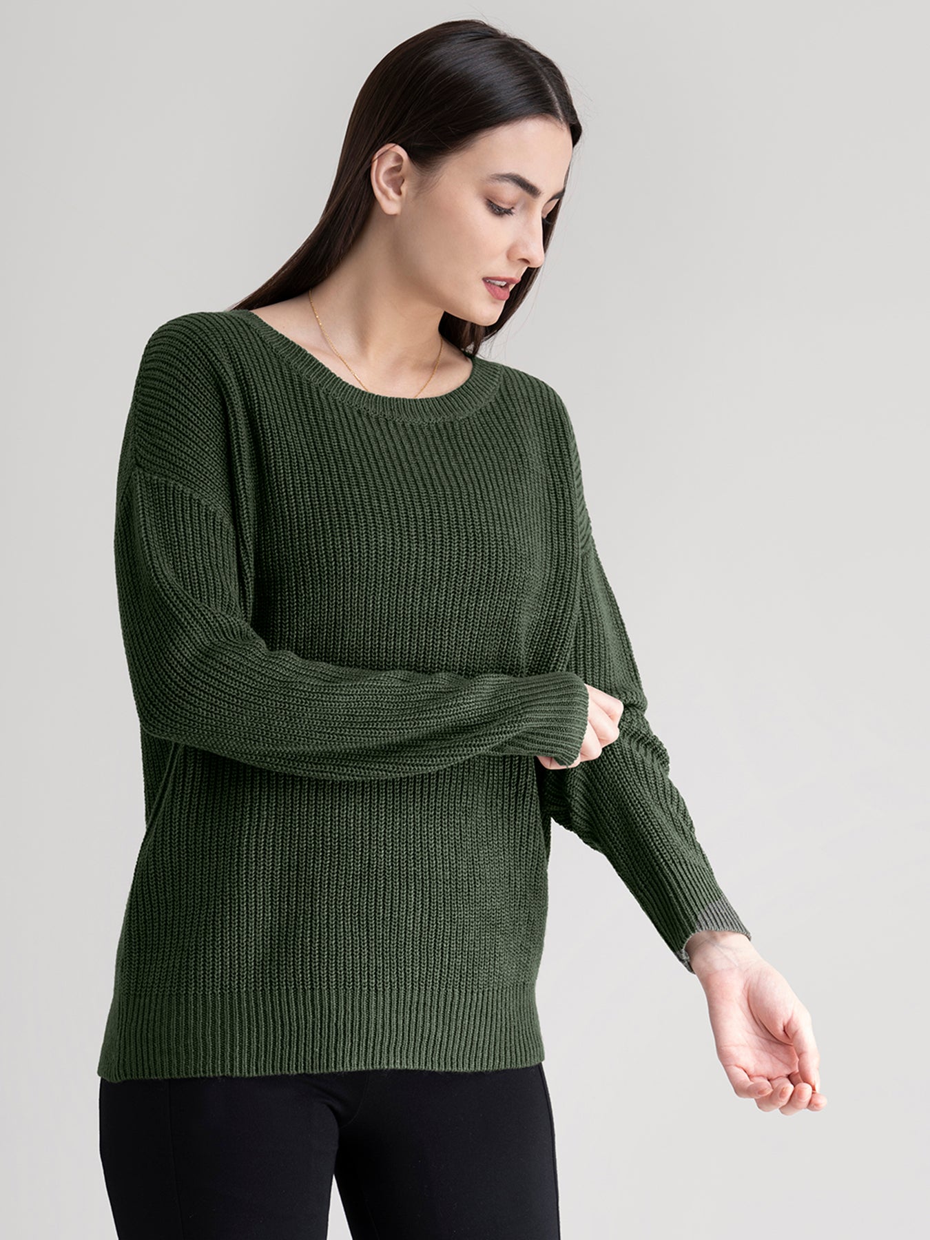 Round Neck Drop Shoulder Knit Sweater - Olive