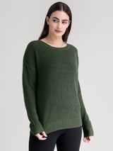 Round Neck Drop Shoulder Knit Sweater - Olive