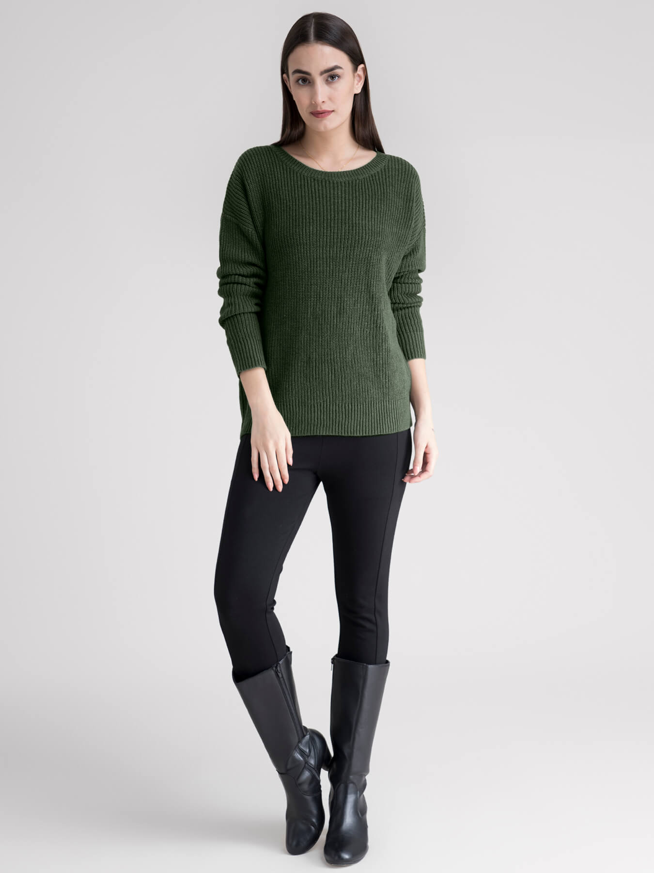 Round Neck Drop Shoulder Knit Sweater - Olive