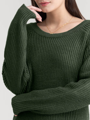 Round Neck Drop Shoulder Knit Sweater - Olive