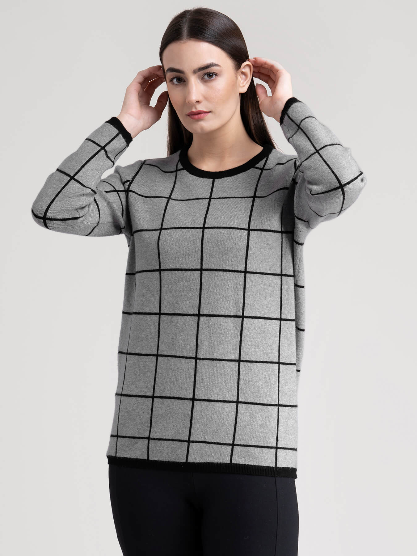 Round Neck Check Jacquard Knit Sweater - Grey