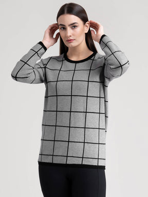 Round Neck Check Jacquard Knit Sweater - Grey