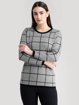 Round Neck Check Jacquard Knit Sweater - Grey