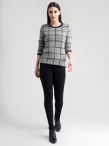 Round Neck Check Jacquard Knit Sweater - Grey