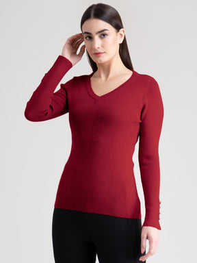 V-Neck Rib Knit Sweater - Red