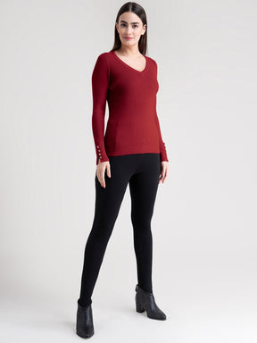 V-Neck Rib Knit Sweater - Red