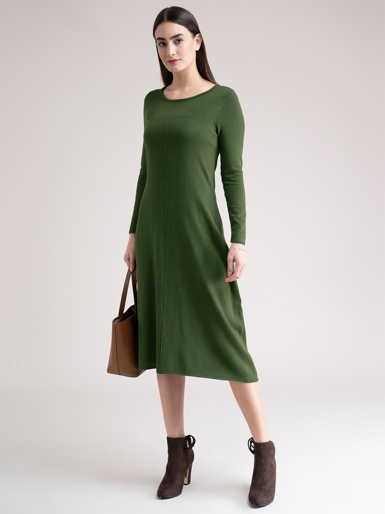 Round Neck Knit Sweater Dress - Olive