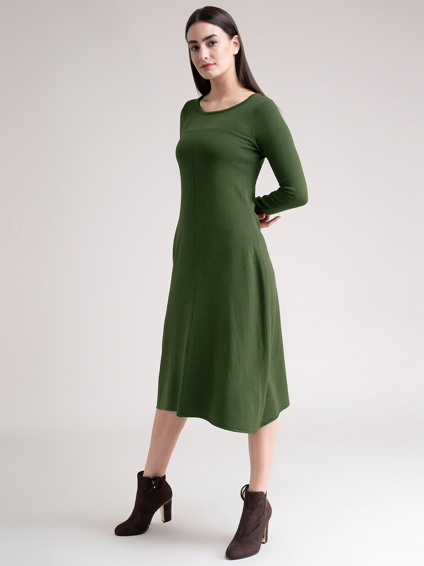 Round Neck Knit Sweater Dress - Olive
