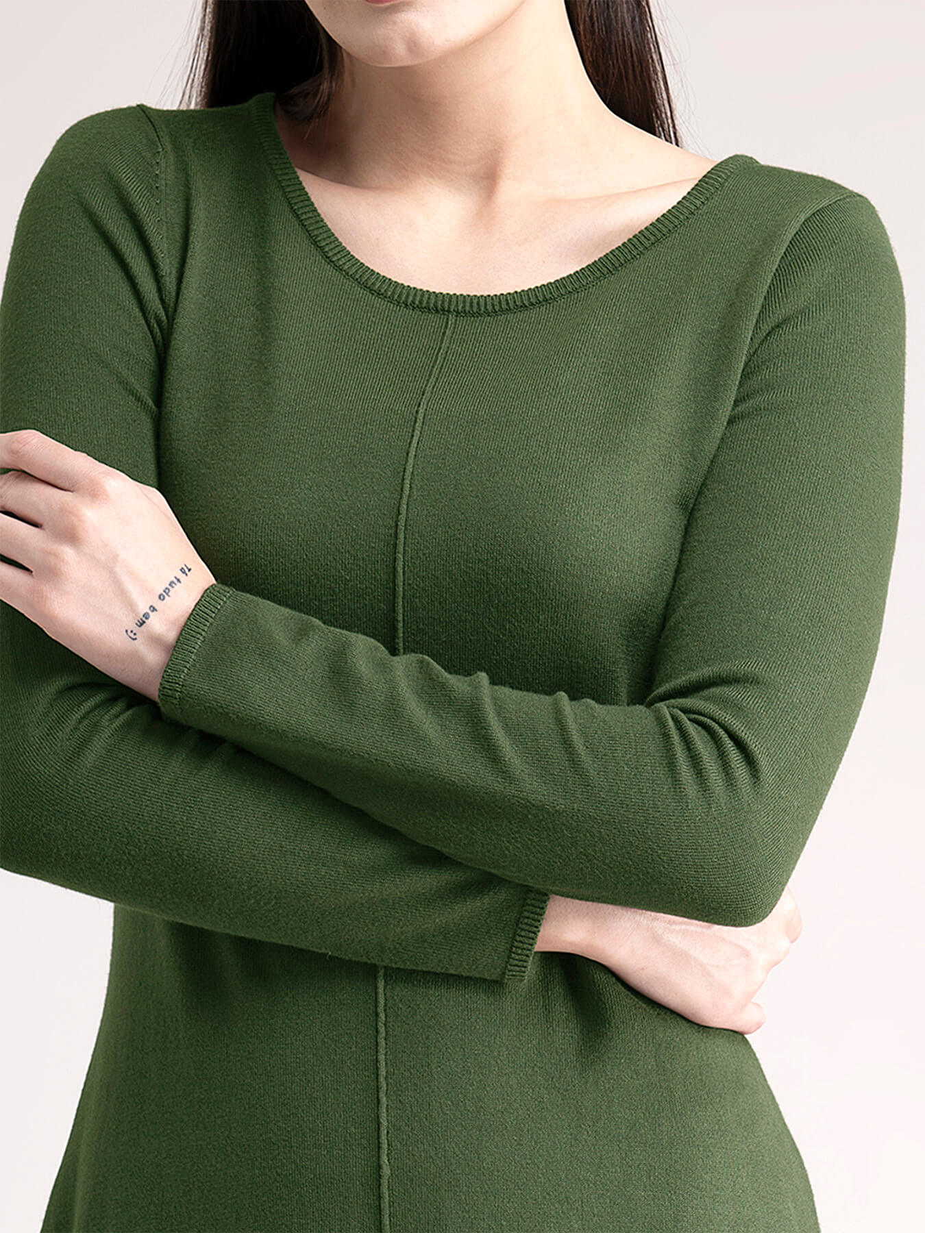 Round Neck Knit Sweater Dress - Olive