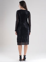 Sequin Net Boat Neck Shift Dress - Black