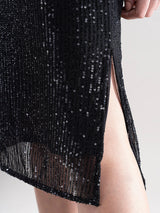 Sequin Net Boat Neck Shift Dress - Black