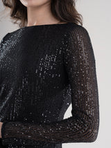 Sequin Net Boat Neck Shift Dress - Black