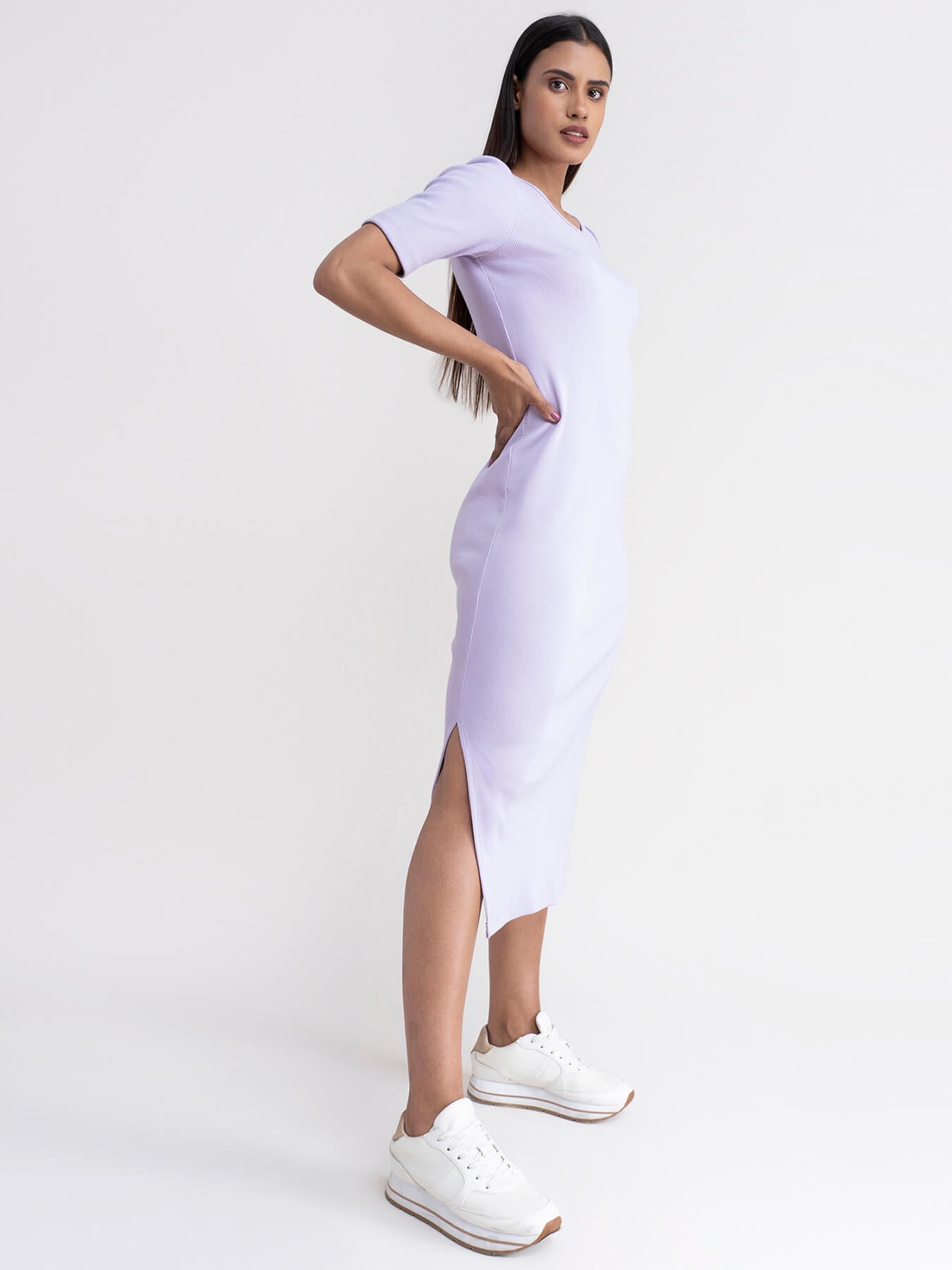 Ribbed Knit Bodycon Dress - Lilac