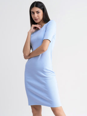 Ribbed Knit Bodycon Dress - Light Blue