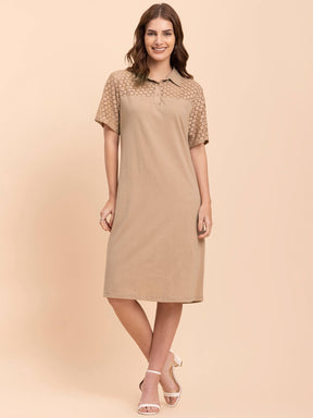 Lace Detail Shift Dress - Beige