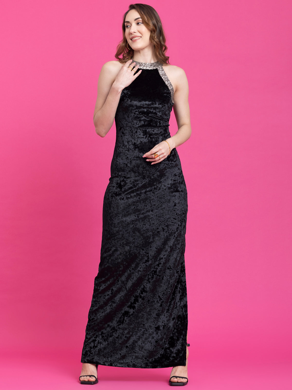 Velvet Maxi A-Line Dress - Black
