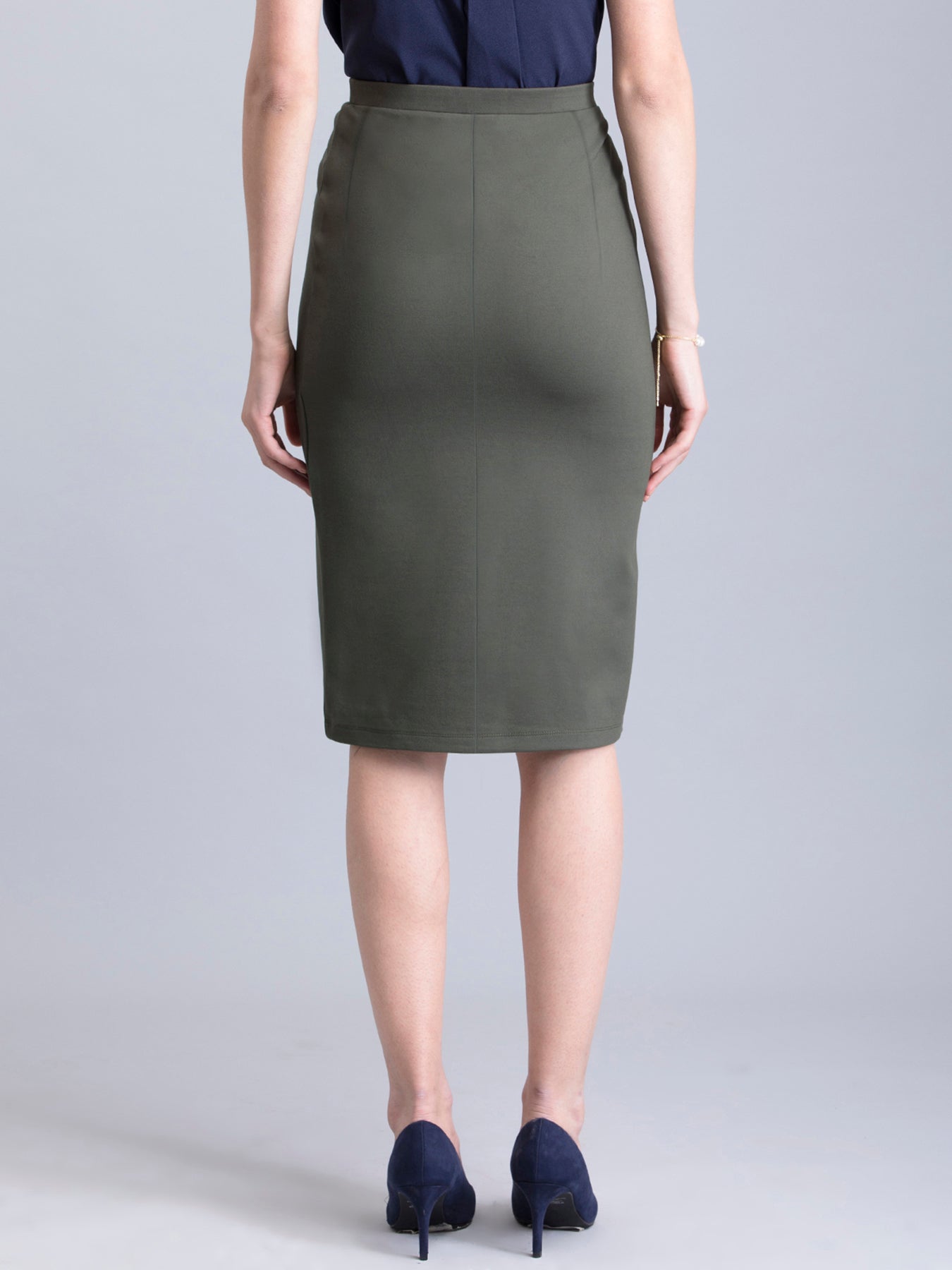Elasticated Knitted Pencil Skirt - Olive