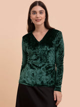 Velvet V-Neck Top - Emerald Green