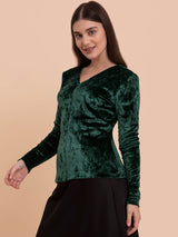 Velvet V-Neck Top - Emerald Green