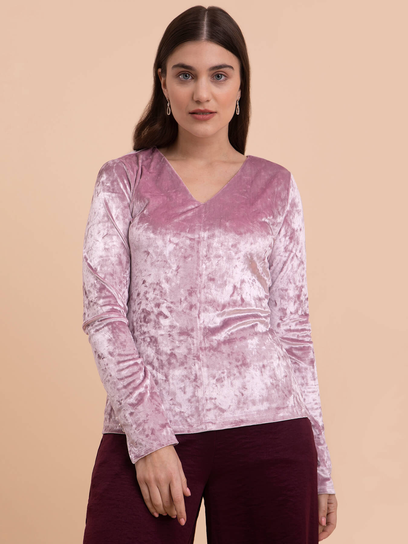 Velvet V-Neck Top - Pink