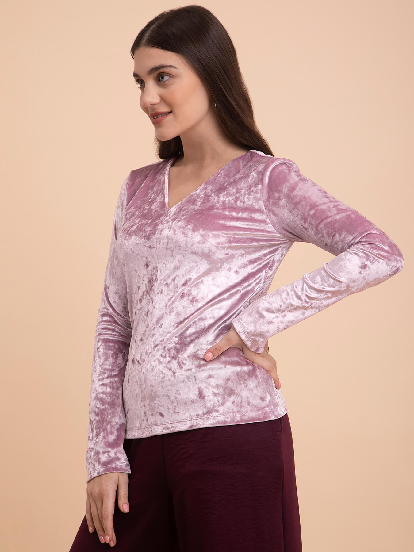 Velvet V-Neck Top - Pink