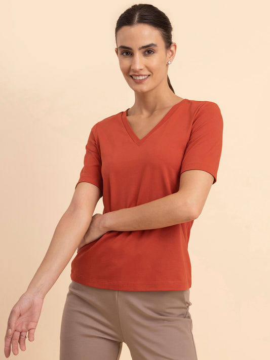 LivIn Cotton V-Neck Tee - Rust