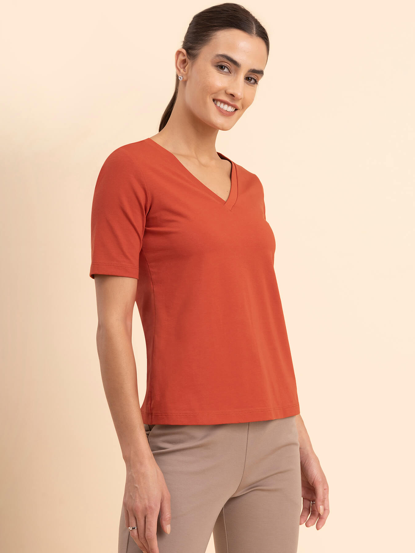 LivIn Cotton V-Neck Tee - Rust