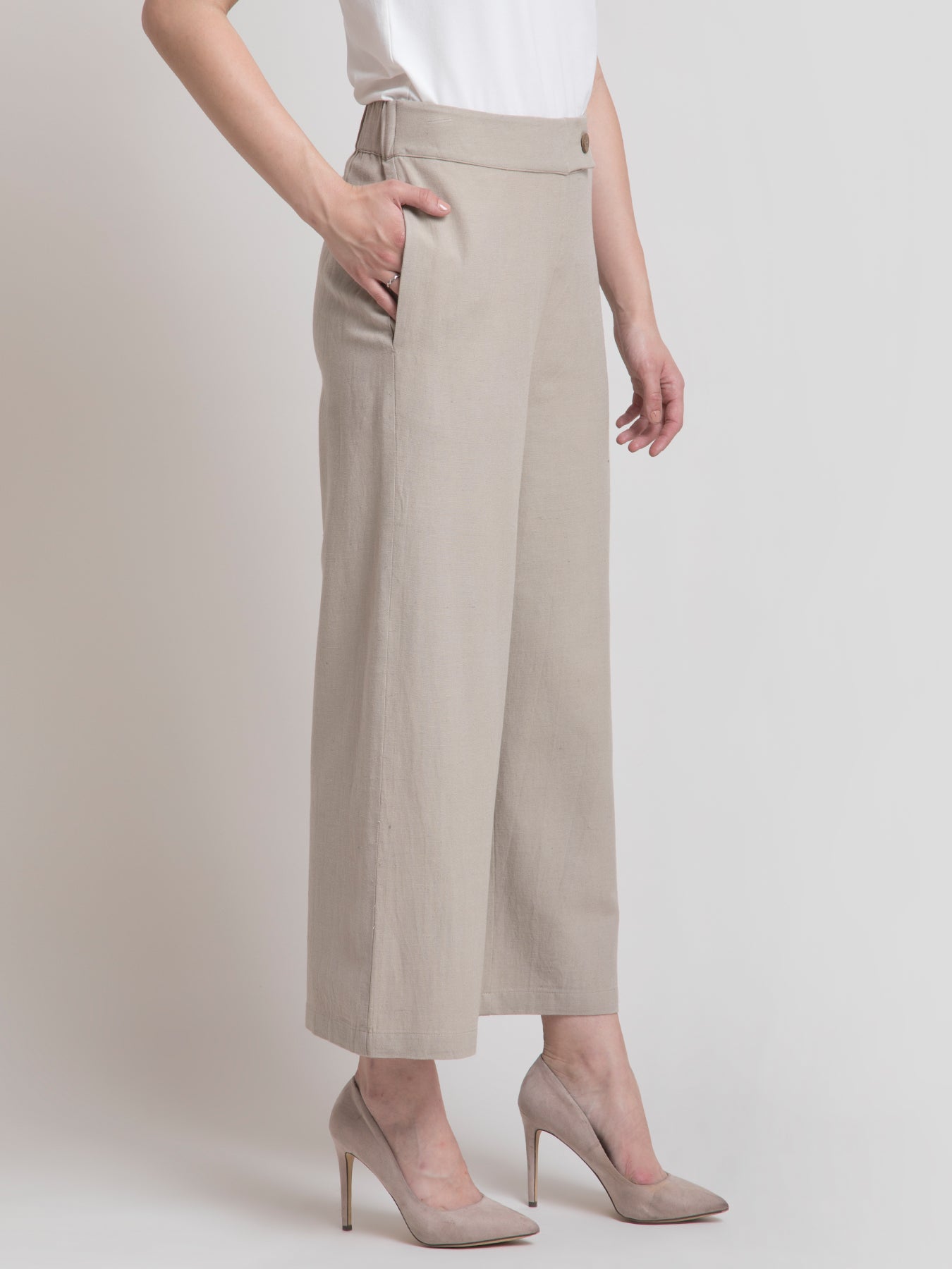Linen Textured Culotte - Beige| Formal Trousers