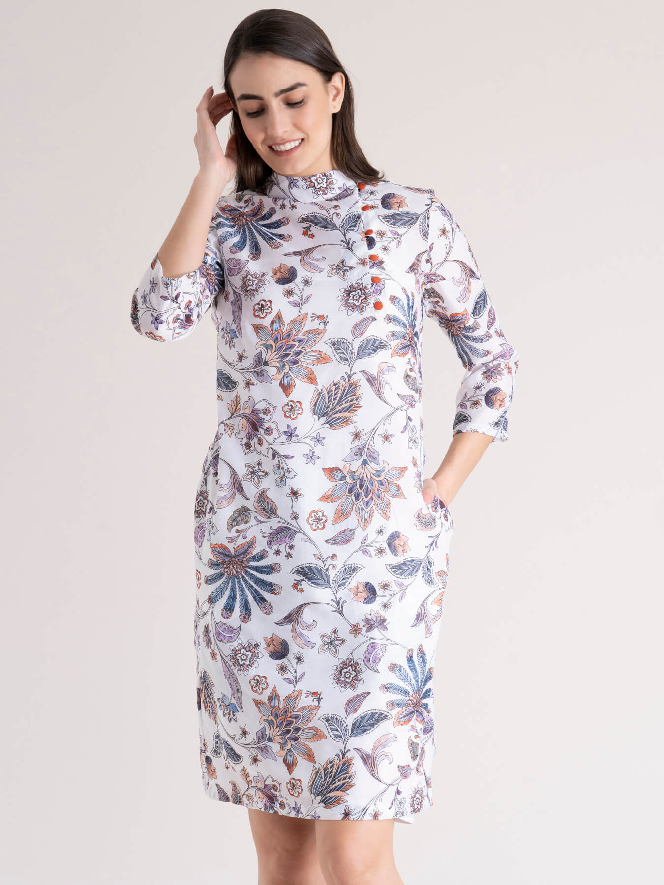 Mandarin Collar Floral Shift Dress