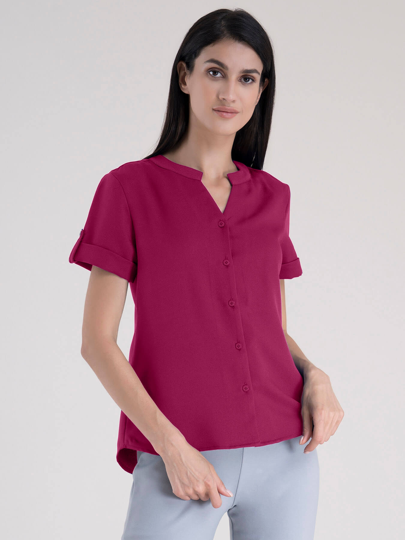 Mandarin V Neck Top - Fuchsia