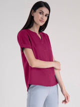 Mandarin V Neck Top - Fuchsia