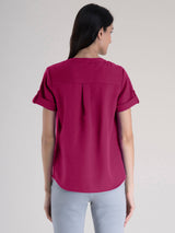 Mandarin V Neck Top - Fuchsia