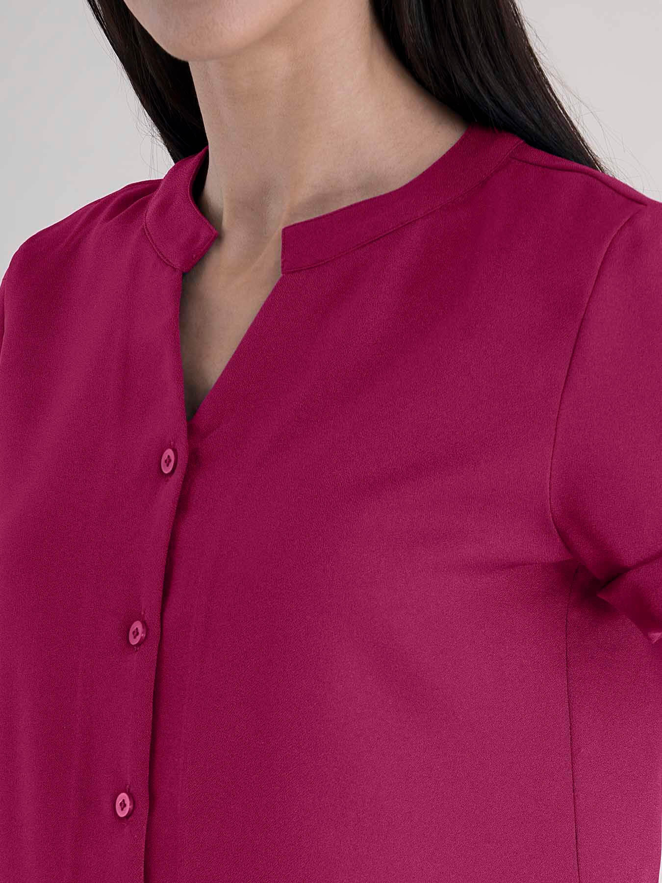 Mandarin V Neck Top - Fuchsia