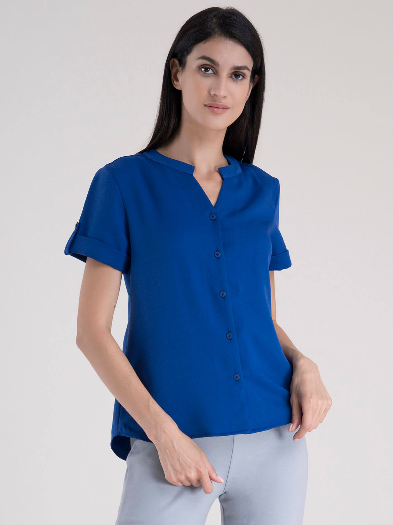 Mandarin V Neck Top - Royal Blue