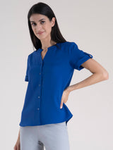 Mandarin V Neck Top - Royal Blue