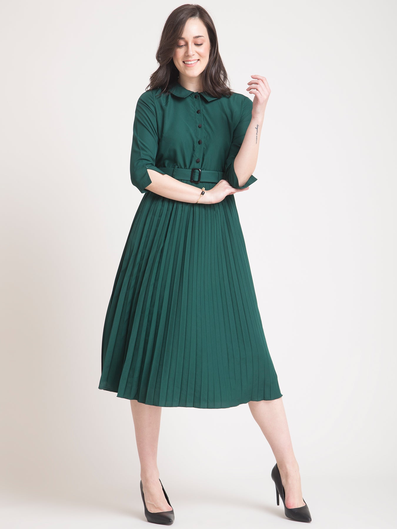 Peter Pan Collar Pleated A Line Dress - Green| Formal Dresses