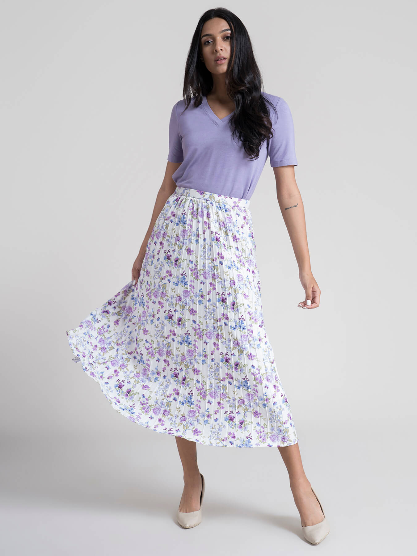 Pleated Flared Floral Midi Skirt - Lilac| Formal Skirts