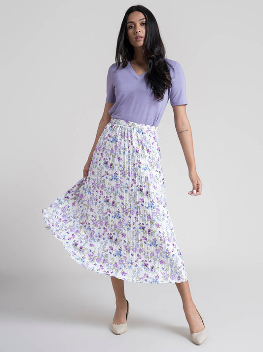 Pleated Flared Floral Midi Skirt - Lilac| Formal Skirts