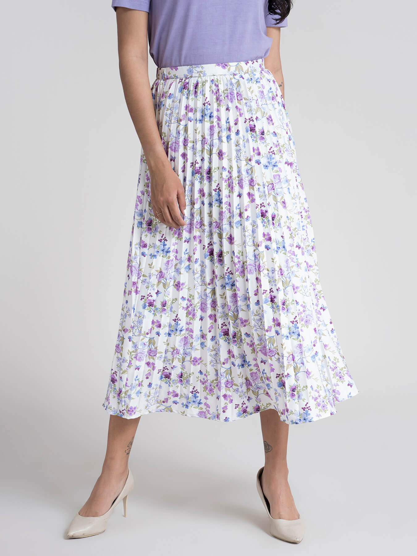Pleated Flared Floral Midi Skirt - Lilac| Formal Skirts