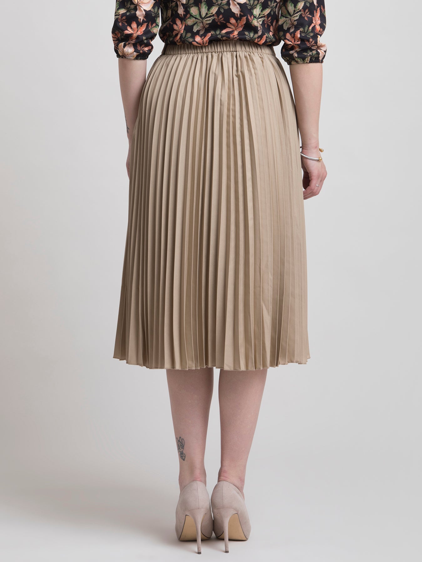 Pleated Flared Midi Skirt - Beige