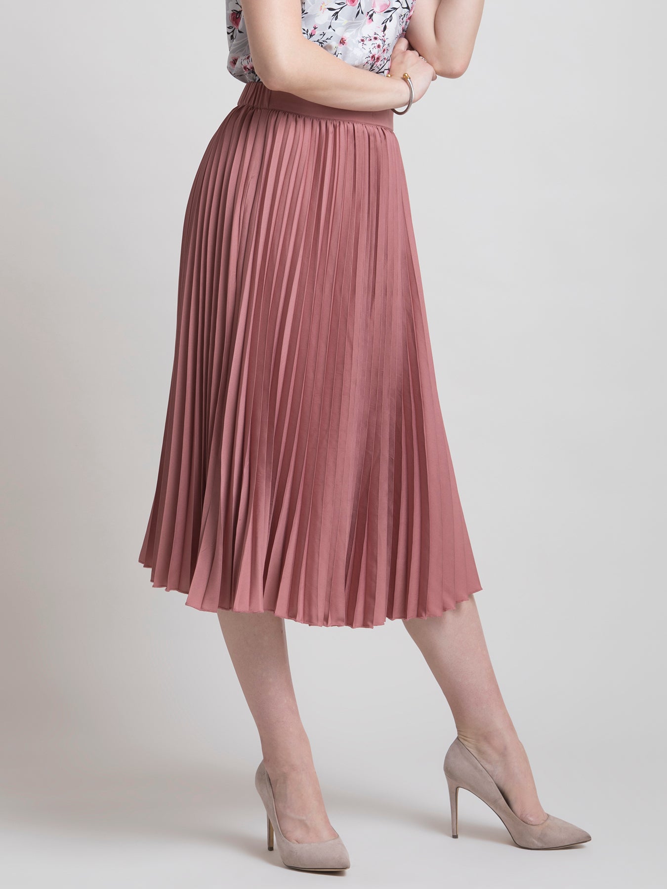 Pleated Flared Midi Skirt - Pink