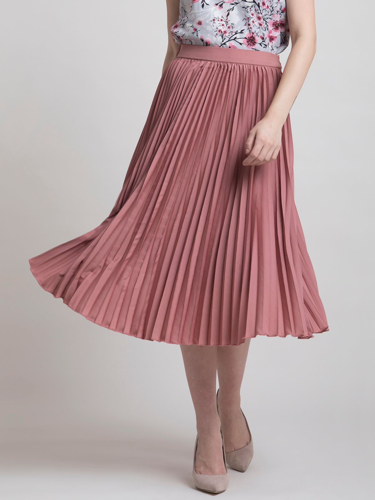 Pleated Flared Midi Skirt - Pink